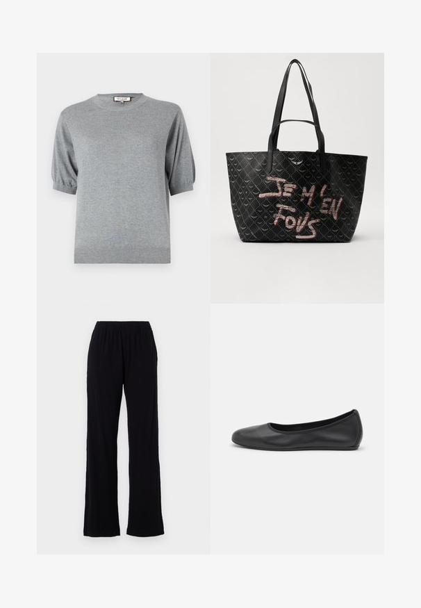 Pulover gri tricotat, cu mânecă scurtă, guler rotund și detalii elastice la mansete. O idee finisată cu margine ondulată. Material moale și ușor.; Pantaloni negri, ușori, cu talie elastică și design cu picior drept. Textură moale, fără modele sau accente vizibile. Stil simplu și versatil.; Balerini din piele neagră, cu vârf rotund, textură netedă, detalii de cusătură minimale și un design al tălpii flexibil.; Geantă de umăr neagră, din material texturat, cu un model în diamant, curele pentru umăr și texte îndrăznețe în roșu și alb care citeste „JE M'EN FOUS.”