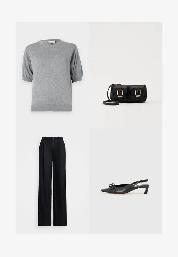 Szürke kötött, rövid ujjú pulóver kerek nyakkivágással és elasztikus mandzsetta részletekkel. Bordás alj zárja le a dizájnt. Puha, könnyű anyag.; Fekete, bő szárú nadrág sima felülettel, lapos elejével, övhurkokkal és egyetlen gombos záródással a deréknál.; Fekete bőr szandál kis sarkú, hegyes orral, díszes csattal a felsőrészen. Simább textúra, minimalista design.; Fekete bőr keresztbody táska két elülső zsebbel, arany csattokkal, cipzáras záródással és vékony pánttal. Textúrált felület és kompakt téglalap alak.