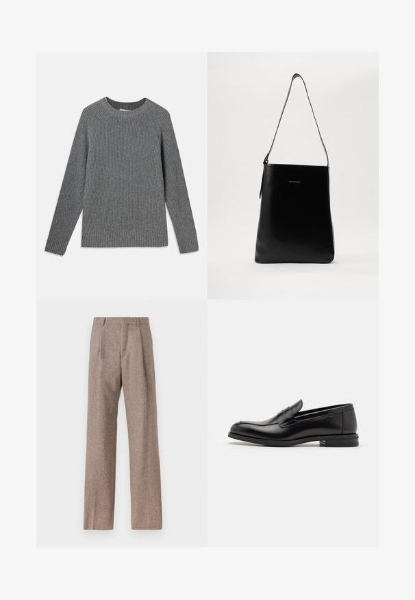 Gray ribbed sweater with long sleeves, round neckline, and textured fabric. Features ribbed hems at cuffs and bottom.; Brown, high-waisted trousers made of textured fabric. Features wide legs and two front pleats for structure. Neat finish with no visible hardware.; Black leather loafers with a smooth texture, rounded toe, and a decorative strap across the vamp. Low stacked heel, minimalist design.; Black leather shoulder bag with a smooth texture, rectangular shape, and a long strap; features a small white logo at the center.
