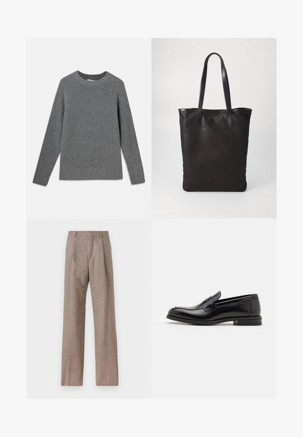 Grau gestreifter Pullover mit langen Ärmeln, runder Halsausschnitt und strukturiertem Stoff. Mit gerippten Säumen an den Bündchen und am Saum.; Braune, hochtaillierte Hose aus strukturiertem Stoff. Mit weitem Bein und zwei vorderen Bügelfalten für zusätzliche Form. Saubere Verarbeitung ohne sichtbare Hardware.; Schwarze Lederloafers mit glatter Textur, rundem Zehenbereich und einem dekorativen Riemen über dem Vorderfuß. Niedriger, gestapelter Absatz, minimalistisches Design.; Schwarze Stofftote mit schwarzen Ledergriffen. Einfaches Design, geräumiger Körper und glatte Textur. Keine sichtbaren Logos oder Muster.