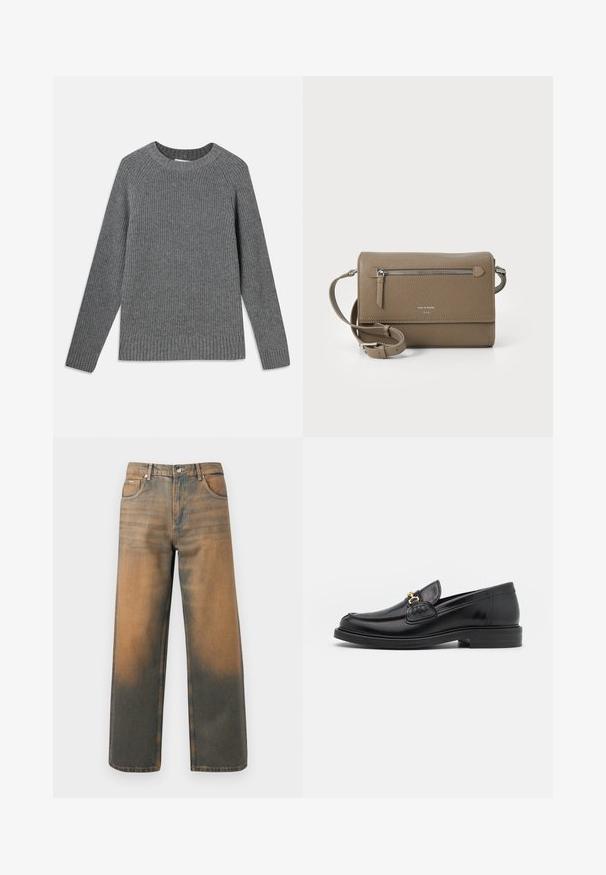 Siv svetar z vloženimi rebri s dolgimi rokavi, okroglo ovratnikom in teksturirano tkanino. Ima rebraste robove na manšetah in dnu.; Široke kavbojke v obrabljenem modrem in rjavem denimu. Imajo visok pas, sprednje žepke in klasično zapiranje na gumb z kovinskimi poudarki.; Črne usnjene loafers čevlje z zaobljenim prstom, ki imajo zlat nakit in podrobnosti šivanja, postavljene na nizko, teksturirano gumijasto podplat.; Taupe usnjena torbica čez ramo z zadrgo na sprednjem žepu, nastavljivim trakom, teksturo drobnega špaga in embosiranim logotipom spredaj.