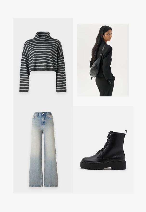 Sagriezts augstos kakla džemperis pelēkā un melnā svītrā. Maiga tekstūra ar garām piedurknēm un brīvu piegriezumu. Viegls adījuma materiāls.; Gai zilu platā kāja džinsi, kas izgatavoti no denima, ar augstu jostasvietu, piecām kabatām un redzamu dūrienu gar šuvēm.; Melna ādas potītes zābaks ar biezu, struktūru pamatni, apaļu purngalu un metāla acīm šņorēm. Aizmugurē ir cilpa, lai būtu vieglāk uzvilkt.; Sieviete ar garām tumšām matiem, ģērbusies melnā uzvalkā, nēsā melnu ādas plecu somu un skatās pāri plecam uz balta fona.