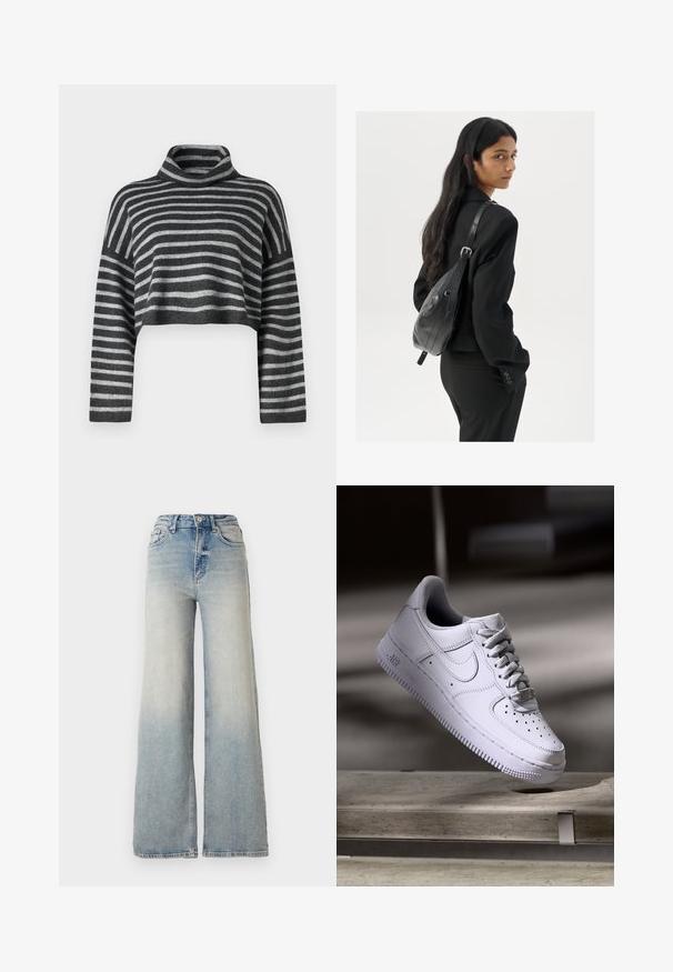 Pull col roulé raccourci à rayures grises et noires. Texture douce avec des manches longues et une coupe ample. Matière tricot légère.; Jeans large en denim bleu clair, à taille haute, avec cinq poches et couture visible le long des coutures.; Baskets Nike Air Force 1 blanches lévitant au-dessus d'une surface en béton avec des ombres dans un cadre minimaliste.; Femme avec de longs cheveux foncés portant un costume noir, portant un sac à épaule en cuir noir, regardant par-dessus son épaule contre un fond blanc.