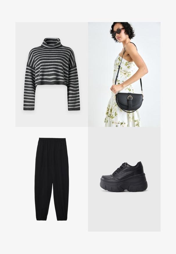 Cropped turtleneck sweater in gray and black stripes. Soft texture with long sleeves and a loose fit. Lightweight knit material.; Black, lightweight pants with an elastic waistband and gathered ankles. The fabric is smooth and features a relaxed, tapered design.; Black lace-up sneakers with a chunky sole, featuring smooth leather upper, rounded toe, and distinct layered platform design.; Black leather handbag with a curved shape, detachable strap, and gold hardware. The bag features a flap with a buckle detail.
