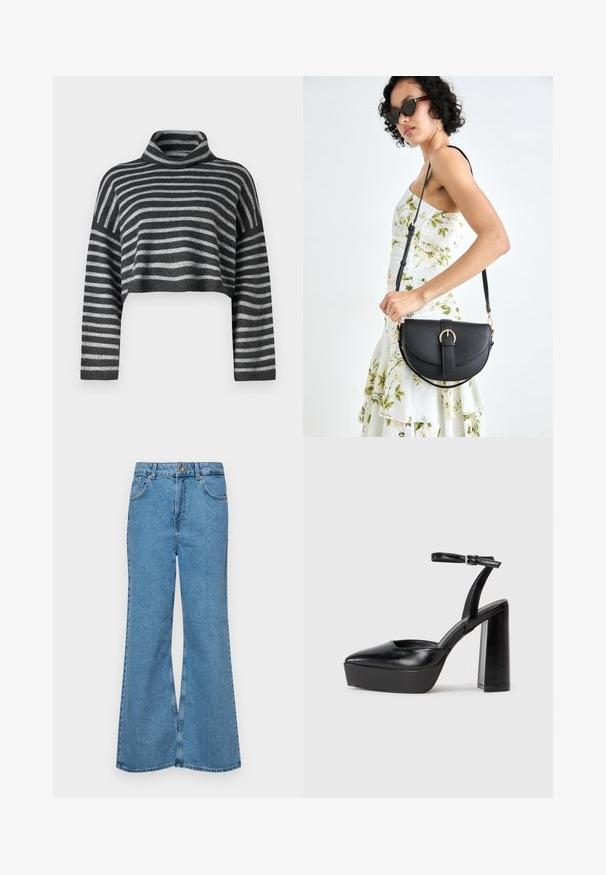 Szürke és fekete csíkos, rövidített galléros pulóver. Puha textúra, hosszú ujjak és laza fazon. Könnyű kötött anyag.; Világoskék, trapézszárú farmernadrág, magas derékkal, öt zsebbel és egy gombos záródással. Puha tapintású, magasított effektusú anyag.; Fekete platform magassarkú cipők hegyes orral és állítható bokapánttal. Sima bőrből készült, vastag talppal.; Fekete bőrtáska ívelt formával, levehető pánttal és arany színű fémrészekkel. A táskán egy csattal díszített fedél található.