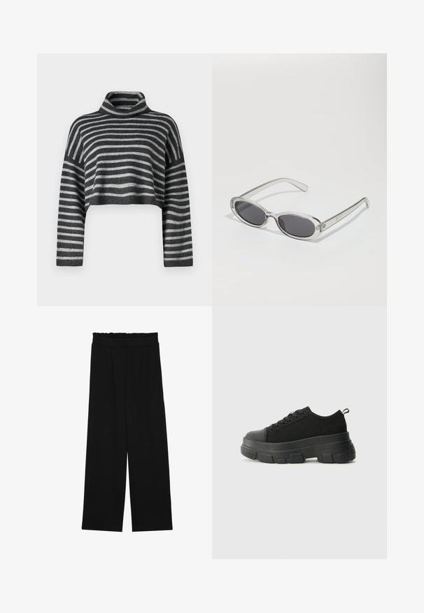 Cropped turtleneck sweater in gray and black stripes. Soft texture with long sleeves and a loose fit. Lightweight knit material.; Black wide-leg trousers with a ruffled waistband, featuring two side pockets and a smooth, lightweight fabric. No visible patterns or hardware.; Black sneakers with a chunky rubber sole, textured fabric upper, round toe, and lace-up design. Features reinforced eyelets and back pull tab.; Sunglasses with an oval shape, clear plastic frame, dark gray lenses, and thin transparent arms featuring logo accents and minimal detailing.