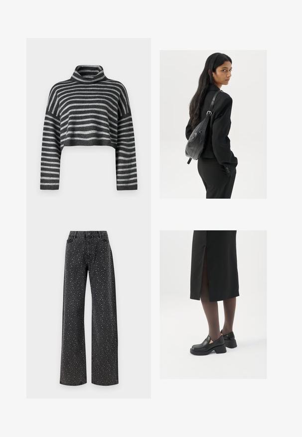 Cropped turtleneck sweater in gray and black stripes. Soft texture with long sleeves and a loose fit. Lightweight knit material.; Noisy May NMJANNEL LOOSE - Relaxed fit jeans - black denim; Black leather shoes with a rounded toe, thick block heel, and elastic side accents, paired with dark tights and a black skirt with a slit.; Woman with long dark hair wearing a black suit, carrying a black leather shoulder bag, looking over her shoulder against a white background.; Silver hoop earrings with a minimalist design. Circular shape, smooth texture, and thin profile. Lightweight with a polished finish.