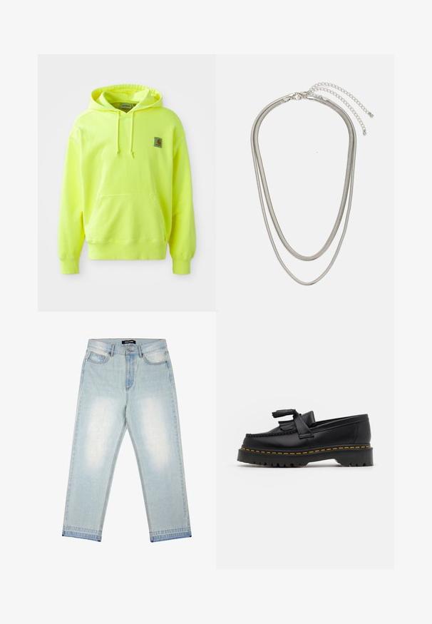 Neon gul hoodie gjord av bomull. Har en framficka, dragskohuva och en liten logotyppatch på övre vänstra sidan. Mjuk textur.; Pegador BARROW - Löst sittande jeans - sand washed blue; Svart läderloafer med en tofsdetalj, med en kraftig svart sula och gul söm längs kanten. Strukturerad yta.; Tre-lager silvermetallhalsband med eleganta, flexibla kedjor med en svag glans, säkrad med ett kräftklämma och justerbar kedja.