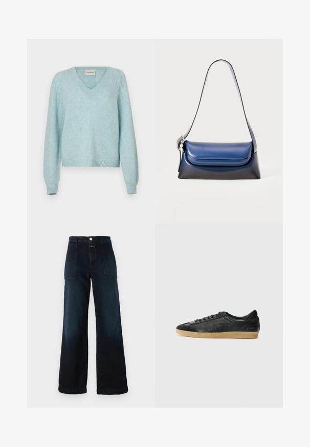 Lys blå V-hals genser med lange ermer. Myk tekstur og ribbede mansjetter. Avslappet passform med en kortet lengde.; Mørkeblå brede jeans laget av denim, med høy midje, frontlommer og knappelukking foran. Jevnt teksturert med en liten falming.; Svart lær sneakers med semskede detaljer, rund tå, gummisåle, flate lisser og sydd detaljering. Har merkevarens logo på hælen.; Marineblå lærveske med en glatt overflate, med en avrundet form, foldet topp og en enkelt skulderrem. Sølvfarget detaljer er inkludert.