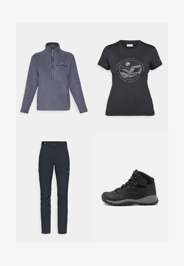 Pulôver de fleece em cinza escuro com gola alta, fecho de meio zíper à frente e bolsos laterais. Apresenta um tecido texturizado e logótipo bordado.; T-shirt preto da Columbia com arte em linha branca circular representando montanhas e rios, e o texto "Columbia Sportswear Company Outside Since 1938."; Calças de exterior para homens, cinza escuro, feitas de material flexível, com cinto, bolsos com fecho éclair e costuras reforçadas.; Bota de caminhada preta com design de cano médio, apresentando um upper texturizado, detalhes cinzentos e sola de borracha durável com cravos de tração.