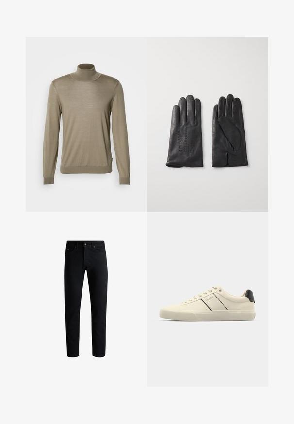 Maglione beige con collo alto, realizzato in un tessuto sottile a coste. Maniche lunghe con polsini aderenti e orlo dritto nella parte inferiore. Design semplice, senza motivi.; Jeans neri slim fit con cinque tasche, chiusura a bottoni e passanti per cintura, esposti su uno sfondo bianco.; Sneaker color crema con una texture liscia, caratterizzate da accenti e marchi neri. Design classico con lacci, punta rotonda e suola in gomma.; Guanti in pelle nera con cinque dita, caratterizzati da cuciture decorative. L'interno ha un rivestimento morbido e un design con l'indice aperto.
