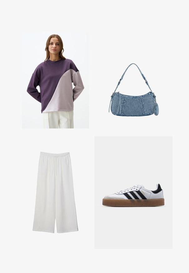Fioletowy i jasnoszary sweatshirt z ukośnym podziałem, o miękkiej fakturze, okrągłym dekolcie i luźnym kroju. Na jednolitym tle.; Białe szerokie spodnie wykonane z lekkiego materiału, z elastyczną talią i sznurkiem do regulacji fasonu. Gładka tekstura.; Białe skórzane sneakersy z czarnymi paskami, gumowa podeszwa, okrągły czubek, sznurowane zapięcie oraz miękką szaro-suede'ową osłonę czubka.; Dżinsowa torba na ramię o zaokrąglonym kształcie, w jasnoniebieskim kolorze, z regulowanym paskiem na ramię oraz małą odpinaną kieszonką z metalowymi akcentami.