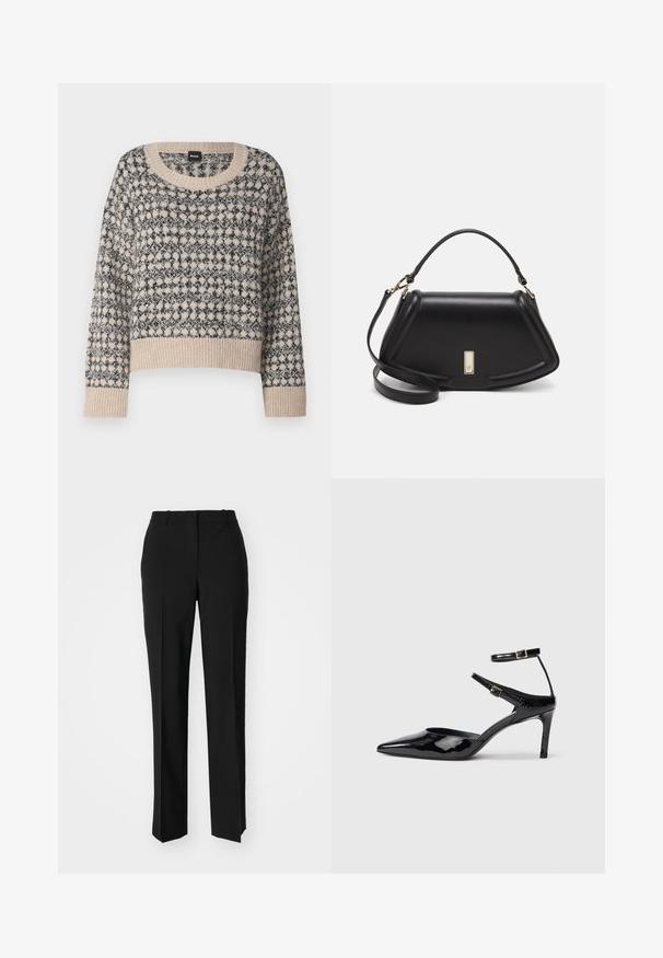 Smėlinis ir juodas raštuotas megztinis su apvaliu iškirpimu, ilgomis rankovėmis ir raštuotu kraštu. Pasižymi geometriniu dizainu ir minkšta tekstūra.; Juodi pritaikyti kelnių modeliai su tiesiomis kojomis, pasižyminčios lygiomis tekstūromis ir ryškiomis klostėmis priekyje. Nėra matomų detalių.; Juodos lakinės odos aukštakulnės su smailiu koja, reguliuojamais kulkšnies dirželiais ir lieknu kulnu. Lygus paviršius su blizgiu apdaila.; Juoda odinė rankinė su struktūrizuotu dizainu, turi trumpą formą, viršutinę rankeną ir auksinius akcentus. Pridėtas reguliuojamas peties diržas.