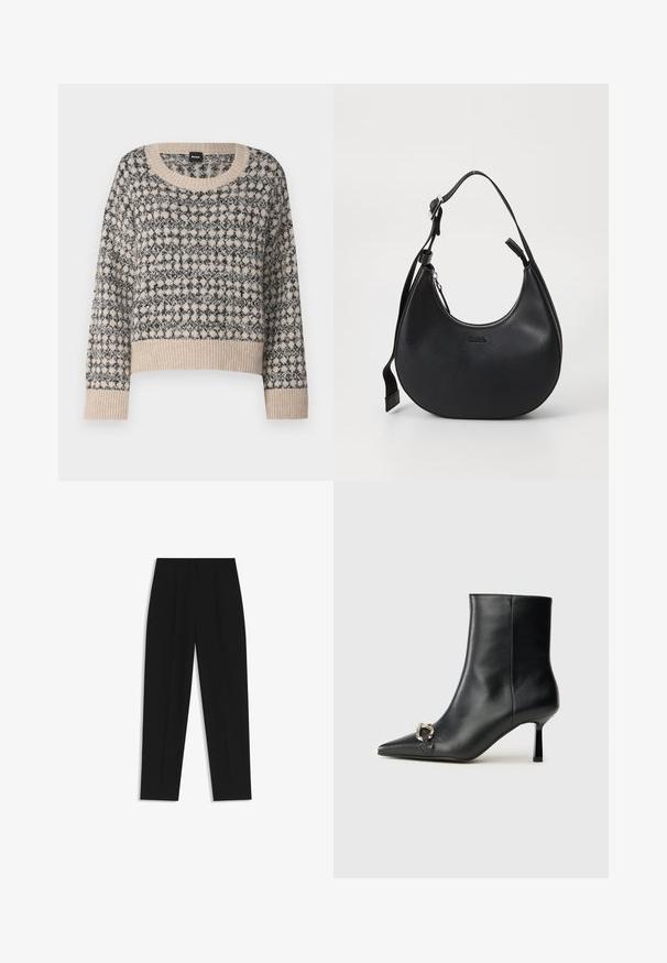 Maglione a maniche lunghe beige e nero con scollo rotondo e orlo a coste. Presenta un design geometrico con una texture morbida.; Pantaloni neri a taglio dritto, con doppie pieghe, una texture liscia e un design classico in vita. Nessun hardware o dettaglio visibile.; Stivale alla caviglia in pelle nera con punta affusolata, tacco sottile di media altezza e dettaglio in fibbia argentata sul lato, su sfondo semplice.; Borsa a spalla in pelle nera con forma curva, chiusura con zip e tracolla regolabile. Presenta il logo del marchio impresso sulla parte anteriore.