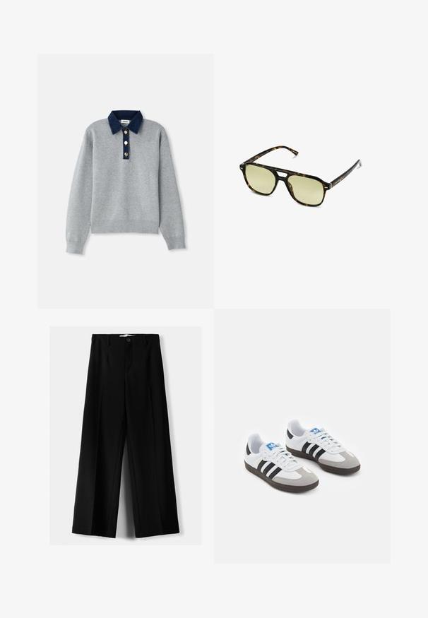 Grauer Pullover mit einem dunkelblauen Jeanskragen, drei goldenen Knöpfen und gerippten Bündchen. Weiche Textur mit einem lässigen Design.; Schwarze weite Hosen aus leichtem Stoff, mit einem Knopfverschluss vorne und flachem Bund, mit sorgfältig genähten Säumen.; Sportschuhe mit einem Obermaterial aus weißem Leder, grauer Wildleder-Zehenkappe und drei schwarzen Streifen. Sie verfügen über ein blaues Logo auf der Zunge und eine strukturierte Gummisohle.; Schildkrötensonnenbrille mit rechteckiger Form, grün getönten Gläsern und gemusterten Acetatrahmen. Verfügt über metalliche Akzente in der Nähe der Gläser.