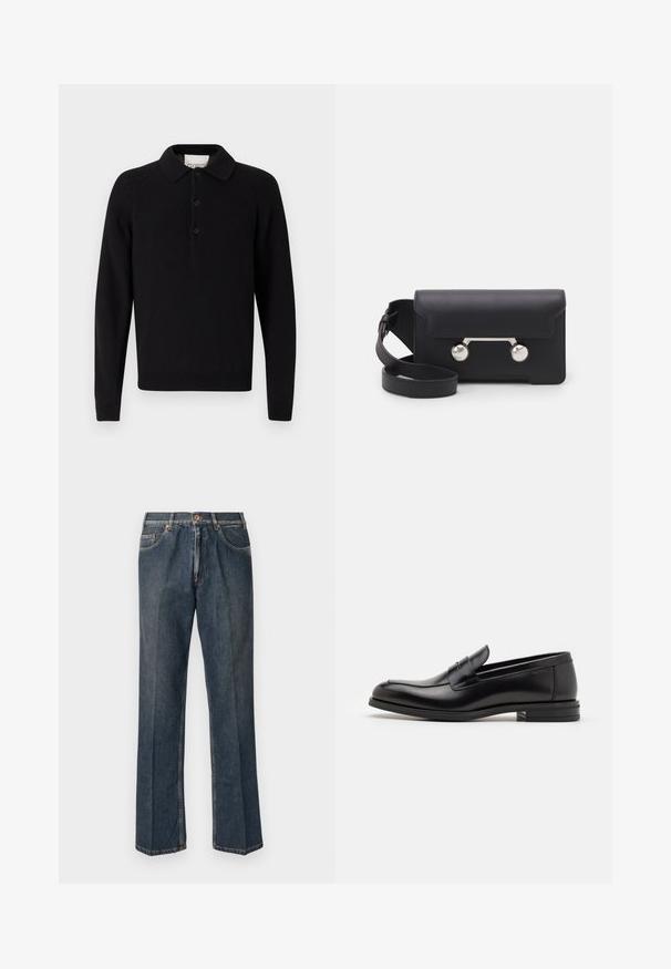 Black long-sleeve polo shirt made of knit fabric, featuring a classic collar, three-button placket, and ribbed cuffs and hem.; Navy blue short-sleeve T-shirt with white text "neanche per sogno" centered on the chest, crew neck, medium size.; Dark blue straight-leg denim jeans with front button, zip fly, double front pockets, and visible vertical creases down the legs.; Black leather loafers with a smooth texture, rounded toe, and a decorative strap across the vamp. Low stacked heel, minimalist design.; Black leather crossbody bag with a flap closure, silver-tone hardware, and two round accents. Features a detachable strap. Smooth texture.