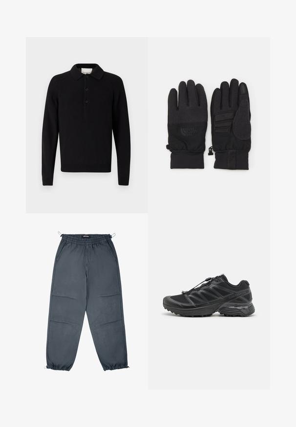 Zwarte longsleeve polo gemaakt van gebreide stof, met een klassieke kraag, een drieknoopsluiting en geribde manchetten en zoom.; Grijze joggingbroek met een elastische tailleband, zijzakken en elastische boorden, met een gladde textuur en rechte snit.; Zwarte hardloopschoenen met een bovenwerk van mesh en synthetisch materiaal, een flexibele buitenzool en elastische veters. Heeft een gevoerde tussenzool voor comfort.; Zwarte handschoenen met een gestructureerde brei en een gladde buitenkant, voorzien van een logo, gripaccenten op de palm en elastische manchetten voor een veilige pasvorm.