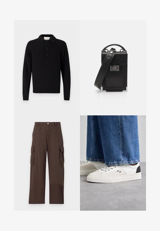 Czarna koszulka polo z długim rękawem wykonana z dzianiny, z klasycznym kołnierzykiem, trzema guzikami wzdłuż przodu oraz ściągaczami na mankietach i u dołu.; Han Kjøbenhavn - Bojówki; Białe i czarne sneakersy z gładką skórzaną cholewką, teksturowanymi akcentami oraz masywną białą podeszwą. Posiadają klasyczny system sznurowania.; The Kooples UNISEX czarny
