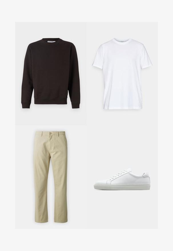 Sweatshirt marron foncé, col rond, manches longues, poignets et ourlet côtelés, texture lisse, sans motifs ni graphiques visibles.; T-shirt en coton blanc à manches courtes, col rond et coupe décontractée. Présente un design minimaliste, sans motifs ni accents.; Pantalon en coton beige avec une coupe droite, fermeture à bouton sur le devant et passants de ceinture. Texture lisse, sans motifs ou accents visibles.; Sneaker blanche avec une tige en cuir lisse et un profil bas. Présente un bout arrondi, six œillets et une semelle en caoutchouc texturé.
