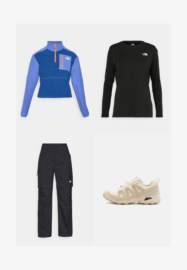 Pullover de fleece em azul escuro e claro com fecho de meia, colarinho alto e um bolso no peito com realces em laranja no fecho e logotipo.; T-shirt preto de mangas longas, feito de algodão, com decote redondo. Apresenta um pequeno logótipo branco na área esquerda do peito. Design simples e ajuste confortável.; Calças cargo pretas em nylon com fechos de correr removíveis, punhos ajustáveis, múltiplos bolsos e um logótipo na perna direita. Textura suave e leve.; Sapatilha atlética beige e creme com parte superior em malha texturizada, sobreposições de suporte e sola de borracha com um padrão de cravo para tração.