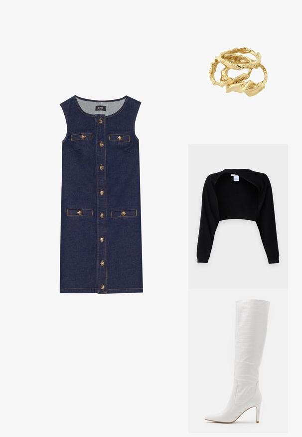 pure cashmere - Sweter; Sukienka dżinsowa o bezrękawowej konstrukcji, ciemnoniebieskim kolorze, z zapięciem na guziki z przodu i dwoma kieszeniami. Złote guziki oraz akcenty w postaci przeszyć.; RAID TRIBUTE - Kozaki na obcasie; Złociste, skręcone pierścionki nałożone na siebie, o teksturowanym wzorze z gładkimi i zaokrąglonymi krawędziami, tworzącymi organiczny, płynący wygląd.