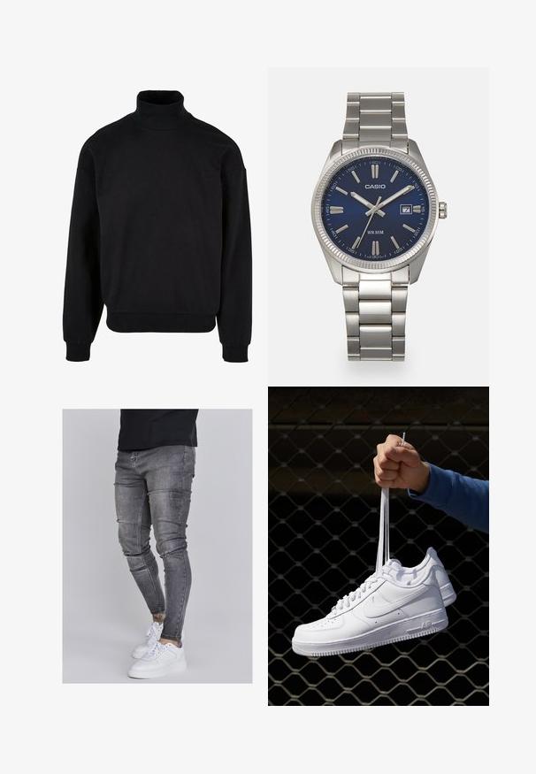 Felpa nera con collo alto caratterizzata da una vestibilità comoda, maniche lunghe e polsini a costine. Realizzata in un morbido tessuto strutturato.; Jeans skinny in denim grigio sbiadito, con dettagli strappati sulle ginocchia, abbinati a sneakers bianche. Texture liscia, design slim fit.; Sneakers in pelle bianca con perforazioni, punta rotonda, suola piatta e lacci spessi, con logo swoosh visibile e "AIR" sul tallone.; Orologio da polso in acciaio inossidabile argento con quadrante blu navy, indici metallici e finestra della data alle 3. Resistente all'acqua fino a 50 metri.