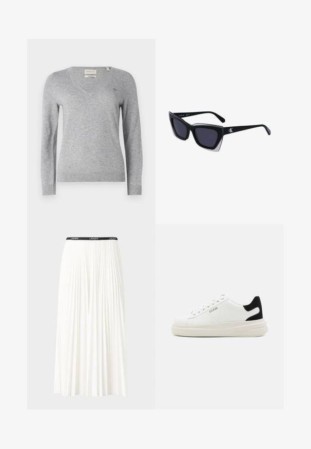 Pilkas V formos megztinis, pagamintas iš minkštos medžiagos, su ilgomis rankovėmis ir mažu logotipu ant krūtinės. Raštuota apačia ir rankogaliai.; Pleated balta sijonas su juodu elastiniu juosmeniu, ant kurio yra "LACOSTE" logotipas. Vidutinio ilgio dizainas su švelnia tekstūra.; Baltos odinės sportbačiai su storu baltu padu, juodu nubuko kulno akcentu ir iškilmingu logotipu šone. Su raišteliais, turinčiais šešis akinius.; Juodos didelės saulės akinių su geometrine forma, turinčiais tamsius objektyvus ir kontrastingą pilką detalę ant rėmelio. Logotipas ant šalon.