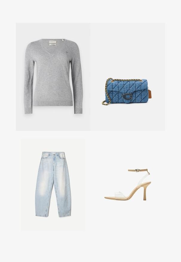 Grauer V-Ausschnitt-Pullover aus weichem Material, mit langen Ärmeln und einem kleinen Logodetail auf der Brust. Gerippter Saum und Bündchen.; Hellblaue Jeans aus Denim mit lockerer Passform, im ausgewaschenen Finish, zwei Fronttaschen und einem Knopfverschluss am Bund.; Durchsichtige Sandale mit transparentem Obermaterial, beigem Fußbett und einem schlanken Knöchelriemen. Sie hat eine spitz zulaufende Zehenpartie und einen dünnen, hohen Absatz.; Blaue gesteppte Denim-Schultertasche mit einem goldenen Kettenriemen und einem auffälligen goldenen Logoakzent auf der Vorderseite. Kompakte rechteckige Form.