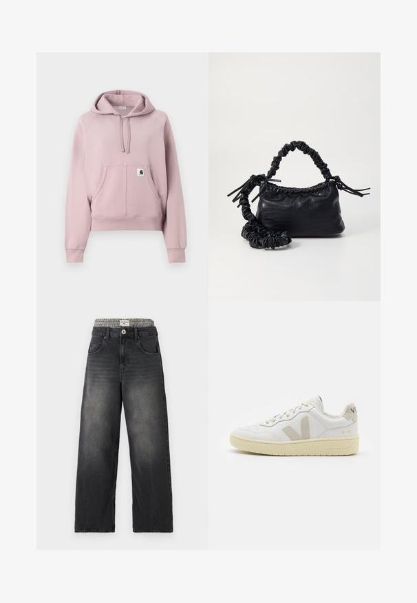 Gaiši rozā kapuce, izgatavota no mīksta kokvilnas auduma, ar lielu priekšējo kabatu, regulējamu kapuci un ribotām aprocēm. Vienkāršs dizains ar logo birku.; Melna džinsa platā kāja ar houndstooth raksta jostasvietu. Īpašības ietver priekšējās kabatas un pogu aizdari. Iezīmēta ar nolietotu tekstūru.; Baltas ādas sporta apavu pāris ar bēšiem zamša akcentiem, caurumiņu purngalā, plakanu šņorēšanu un teksturētu krēmkrāsas zoli. Iezīmējas ar diskrētu zīmolu uz papēža.; Melnā mākslīgās ādas rokassoma ar krokodila rakstu, savilkta augšdaļa un saburzīta siksna. Izskatās mīksta un kompakta pēc dizaina.