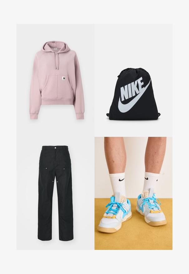 Světle růžová mikina s kapucí vyrobená z měkké bavlněné směsi, která má velkou přední kapsu, kapuci se stahovací šňůrkou a žebrované manžety. Jednoduchý design s logem.; Černé kalhoty s rovnými nohavicemi, vyrobené z strukturované tkaniny. Obsahují dekorativní stříbrné prvky a unikátní švy.; Světle modré tenisky s hnědými podešvěmi, které mají výrazné tyrkysové tkaničky a žluté akcenty. Texturované materiály a viditelné vzduchové polstrování.; Černá taška na stažení s velkým bílým logem Nike. Vyrobena z lehké tkaniny s hladkým povrchem a zaobleným tvarem.
