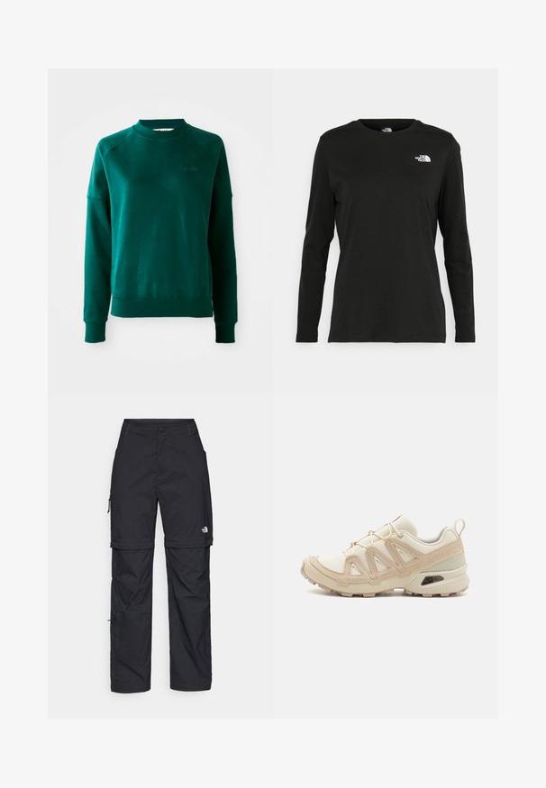 Zöld crewneck pulóver, raglán ujjakkal, puha anyagból készült. Bordás nyakkal és mandzsettával rendelkezik, a mellrészen pedig diszkrét logó található.; Fekete, hosszú ujjú póló pamutból, kerek nyakkal. A bal mellrészen egy kis fehér logó található. Egyszerű dizájn és szabás.; Fekete nylon zipzáras cargo nadrág állítható mandzsettával, több zsebbel és logóval a jobb lábon. Simább, könnyű textúra.; Beige és krém színű sportcipő, texturált hálós felsőrésszel, támogató burkolattal és gumitalppal, amely tapadás érdekében bordázott mintázattal rendelkezik.