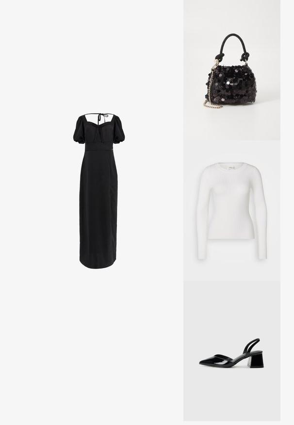 Valge pikakä sleeves ribikate tipp ümarate kaelustega. Kangas on sile, omades peent tekstuuri ja istuvat disaini. Ilma nähtava riistvara või mustriteta.; Must mustrahinne lillelise varrukatega must kleit, ruudukujulise dekoltee ja lipsu taga. Valmistatud siledast kangast, millel on keha rõhutav ülasärk ja voolav seelik.; Mustad musta lakknahk kingad, millel on terav varvas ja geomeetriline plokkkonts. Omab elegantselt minimalistlikku disaini ja sujuvat tekstuuri.; Must have mustrõngus mustal sädelev mini käekotil on sõlme tekstuuriga rihm ja hõbedane ketis. Ümar kuju, kokku kogutud ülaosa ja peegeldav detail.