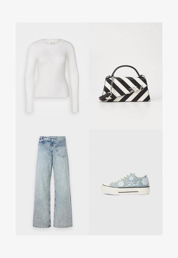 Witte lange mouwen geribbelde top met een ronde hals. De stof is soepel, met een subtiele textuur en een aansluitend ontwerp. Geen zichtbare hardware of patronen.; Lichtblauwe wijde spijkerbroek van denim, met een hoge taille, vijf zakken en vervaging voor een vintage uitstraling. Gestikte zijnaden en een nette afwerking.; Lichtblauwe denim platform sneakers met geborduurde rozen, witte veters en een gestructureerde rubberen zool met een subtiele zwarte streepdetail.; Zwart-wit gestreepte handtas met een gestructureerde vorm, voorzien van een bovenhandvat, een afneembare kettingriem en een metalen logo-accent.