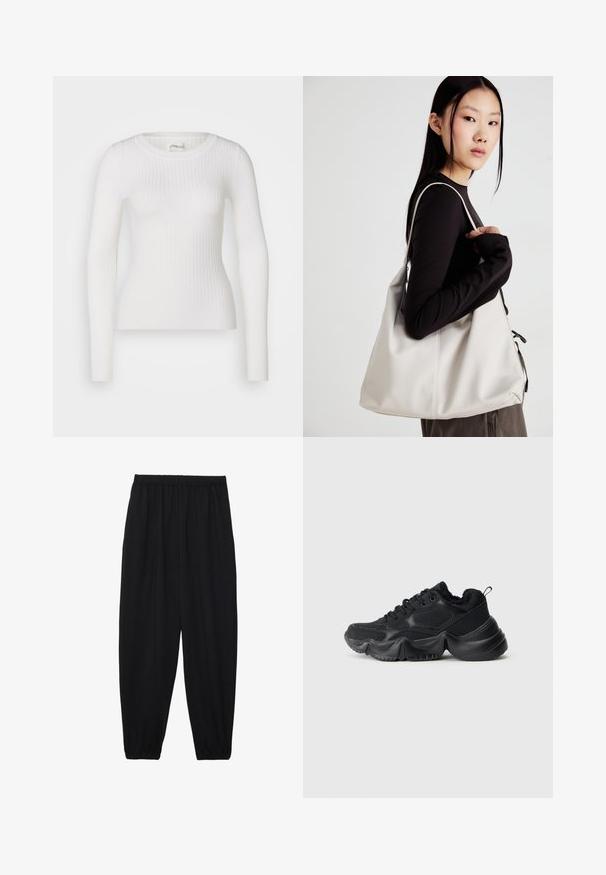 Baltas ilgomis rankovėmis raibuotas golfas su apvalia iškirpte. Medžiaga yra lygi, su subtilia tekstūra ir pritaikytu dizainu. Nėra matomų detalių ar raštų.; Juodi, lengvi kelnių su elastinga juosmens juosta ir surinktais kulkšniais. Audinys yra lygus ir turi atsipalaidavusį, siaurėjantį dizainą.; Juodi sportbačiai, pagaminti iš lygios ir tekstūruotos medžiagos, su storomis padangomis, apvalia forma ir dekoratyvine siūle. Yra minkštas, pūkuotas kraštas.; Bežinė rankinė, pagaminta iš minkštos medžiagos, turinti laisvą dizainą, siuvinėtas detalės ir dvi petnešos. Tinkama kasdieniam naudojimui.