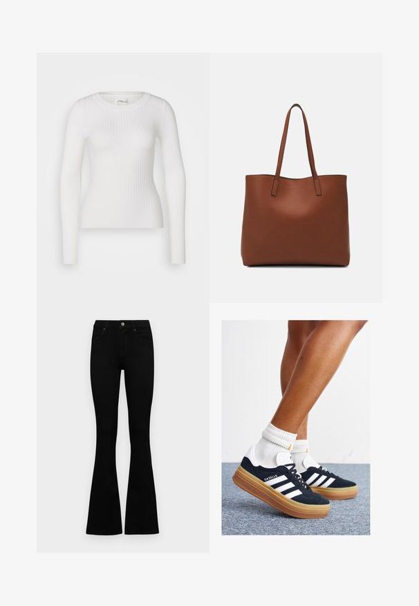 Weißes langärmliges Rippoberteil mit rundem Halsausschnitt. Der Stoff ist glatt, mit einer subtilen Textur und einer figurbetonten Passform. Keine sichtbaren Beschläge oder Muster.; Schwarze hochtaillierte Jeans mit einem Knopf- und Reißverschluss, Fronttaschen und ausgestellten Beinen, flach auf einem weißen Hintergrund ausgelegt.; Schwarze Wildledersneaker mit weißen Streifen und Akzenten, rundlicher Zehenbereich, Sohlen aus braunem Gummi, kombiniert mit weißen, gerippten Sneakersocken.; Braune Leder-Tote mit glatter Textur, offenem Oberteil und zwei Schulterriemen. Verfügt über minimale Nähte und keine sichtbaren Beschläge.