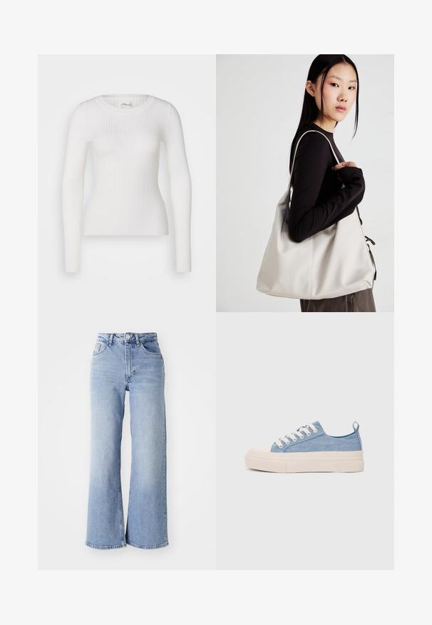 Weißes langärmliges Rippoberteil mit rundem Halsausschnitt. Der Stoff ist glatt, mit einer subtilen Textur und einer figurbetonten Passform. Keine sichtbaren Beschläge oder Muster.; Himmelblaue hochtaillierte Schlagjeans mit vorderen und hinteren Taschen, Knopfverschluss und dezentem Verblassen an den Oberschenkeln und Säumen.; Helleblaue Leinensneaker mit einer cremefarbenen Gummikappe und Außensohle, ausgestattet mit weißen Schnürsenkeln und einer Zuglasche an der Ferse.; Beige Handtasche aus weichem Material, mit einem lässigen Design, gesteppten Details und zwei Schulterriemen. Geeignet für den täglichen Gebrauch.