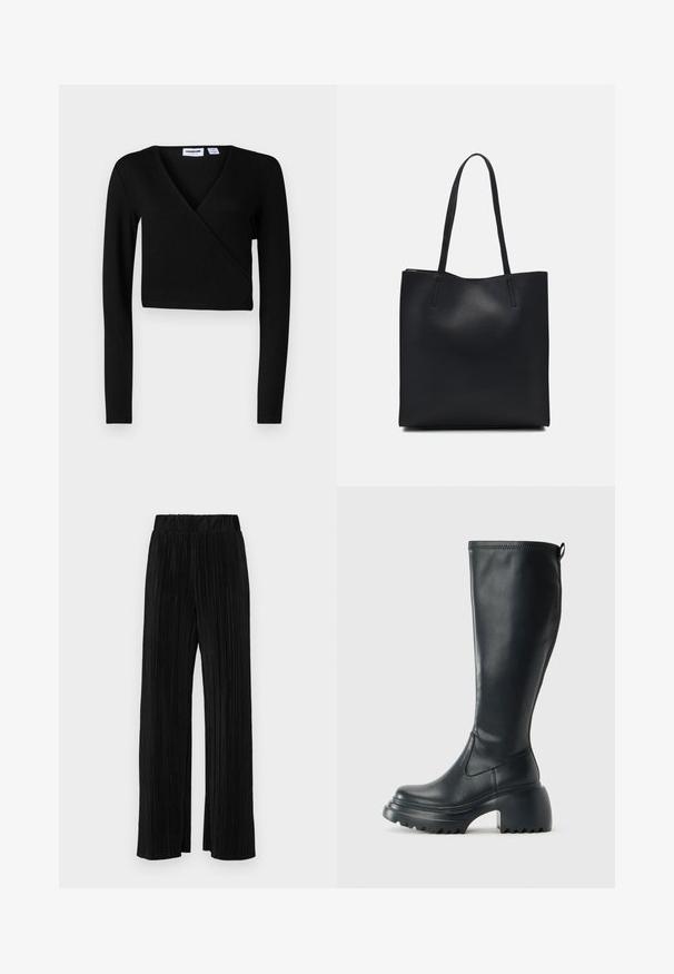 Black cropped wrap top with long sleeves, soft texture, V-neck design, and minimal detailing. Suitable for casual or layered outfits.; Black pleated trousers with an elastic waistband. Features wide legs and a smooth, textured fabric with vertical stripes.; Tall black leather boot with chunky platform sole and block heel, featuring pull tab and textured tread on outsole.; Black leather tote bag with smooth texture, rectangular shape, and two long handles. No visible hardware or embellishments.