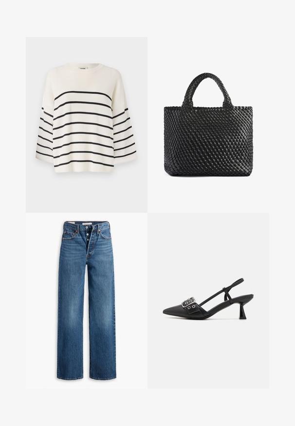 Biały sweter z czarnymi poziomymi paskami, charakteryzujący się prążkowaną fakturą, okrągłym dekoltem i szerokimi rękawami 3/4.; Dwa bezrękawnikowe body w oliwkowej zieleni i czerni. Wykonane z gładkiego materiału, z okrągłym dekoltem i wysokim krojem nogawki.; Niebieskie dżinsy o szerokim kroju, pięć kieszeni, zapięcie na guzik oraz kontrastowe przeszycia. Teksturowany materiał o wyblakłym wykończeniu.; Simmi London DALA czarny; Czarna pleciona torba na ramię z dwoma uchwytami, charakteryzująca się teksturowaną powierzchnią i prostokątnym kształtem. Prosty, unikalny design bez widocznych elementów metalowych.