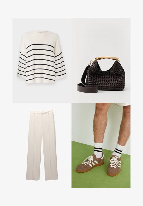 Weißer Pullover mit schwarzen horizontalen Streifen, mit gerippter Textur, runder Halslinie und weiten Dreiviertelärmeln.; Weite Hose aus leichtem beigen Stoff mit glatter Textur. Verfügt über einen gefütterten Taillenbund, vordere Falten und keine sichtbaren Taschen.; Braune Wildleder-Sneaker mit weißen Akzenten und Schnürsenkeln. Gummisohle in Kautschuk-Optik. Getragen mit weißen Socken, die schwarze Streifen haben. Grüner strukturierter Fußboden.; Elleme BOOMERANG WOVEN - Handtasche - brown