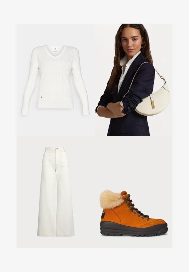 Daily Sports MADELENE - Pulover - white; Široke jeans hlače v off-white denim tkanini. Visok pas z gumbnim zapiranjem, dvema sprednjima žepoma in detajli kontrastnega šivanja.; Oranžne nubuk pohodne čevlje s svetlo rjavim krznom na ovratniku, rjavimi vezalkami, kovinskimi očesi in trdim črnim gumijastim podplatom za boljši oprijem.; Bela usnjena torbica s ukrivljeno obliko, z zlatimi dodatki in teksturirano površino, nošena čez temen blazer in belo srajco.