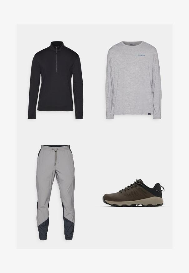 Svart långärmad tröja med dragkedja vid kragen, gjord av mjukt material, med platta sömmar och en avslappnad passform för komfort.; Ljusgrå t-shirt med långa ärmar gjord av mjukt, texturerat tyg. Har en rund hals och en liten blå Patagonia-logotyp på bröstet.; Lätta, grå träningsbyxor med svarta detaljer. Elastisk midja, dragsko stängning, tapered design och sidofickor.; Bruna vattentåliga sneakers med en strukturerad ovandel, perforerade detaljer, svart hälstöd och en grå gummisula. Snörningen har metalliska ändar.