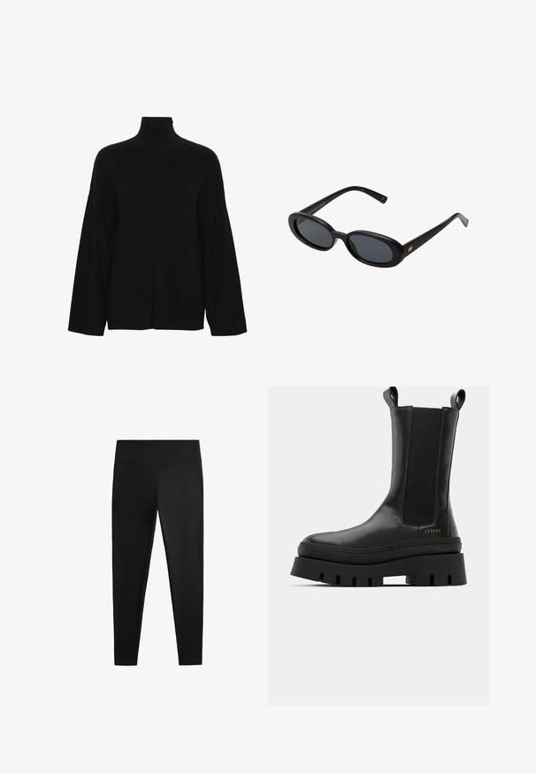 Zwarte coltrui gemaakt van geribbelde brei-stof. Heeft lange, wijde mouwen en een relaxte pasvorm met een hoge kraag.; Zwarte leggings van gladde, rekbare stof. Voorzien van een brede tailleband en een taps toelopend pootdesign, geschikt voor actieve of casual kleding.; Zwarte enkellaarzen met een gladde leren afwerking, elastische zijpanelen en een chunky, gestructureerde plateauzool, voorzien van een logodetail.; Zwarte oversized zonnebril met ovale lenzen, een glad plastic montuur en gouden accenten op de pootjes. Donkere lenzen bieden bescherming tegen de zon.