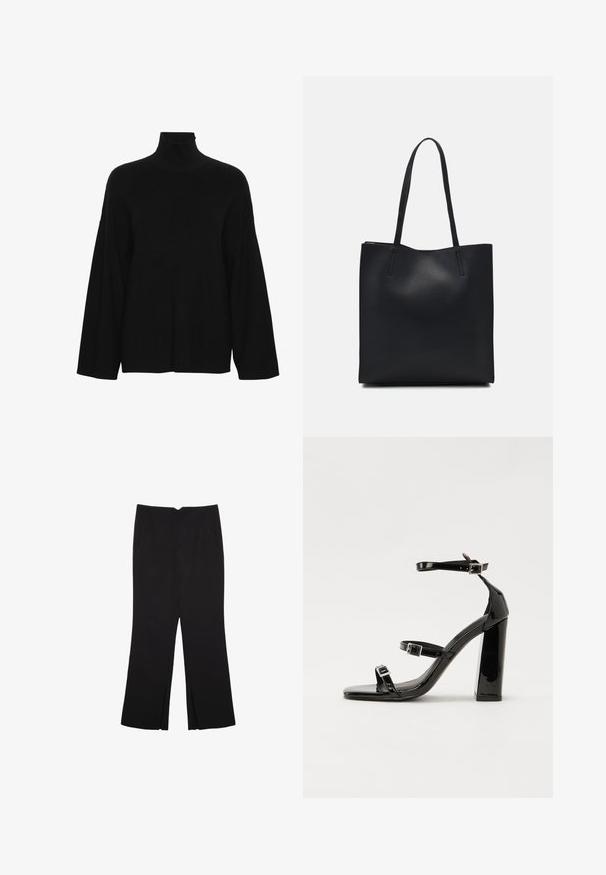 Mustapaita, joka on valmistettu ribbikutoisesta kankaasta. Siinä on pitkät, leveät hihat ja rento istuvuus sekä korkea kaulus.; Mustat housut suoralinjaisella leikkauksella, joissa on etutaskut ja sivurei'ät helman alla. Valmistettu pehmeästä ja sileästä kankaasta. Sopii eri tilaisuuksiin.; Musta kiiltäväpintainen korkokengät, joissa on kaksi solkikiinnitystä, neliönmuotoinen kärki ja paksu korko, sileällä, kiiltävällä pintarakenteella.; Mustapahkainen kangaskassi, jossa on sileä pinta, suorakaiteen muotoinen ja kaksi pitkää kahvaa. Ei näkyvää metalliosaa tai koristeita.