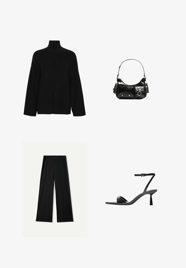 Czarny sweter z golfem wykonany z prążkowanej dzianiny. Posiada długie, szerokie rękawy oraz luźny krój z wysokim kołnierzem.; Bershka WIDE czarny; Bershka - Sandały na obcasie; Czarna torebka z lakierowanej skóry o zaokrąglonym kształcie, z jednym paskiem na ramię, przednimi kieszeniami i akcentami w kolorze srebrnym.