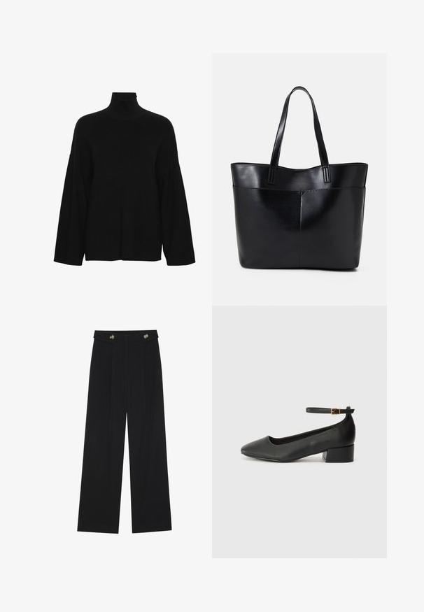 Maglione nero a collo alto realizzato in tessuto a coste. Presenta maniche lunghe e larghe e una vestibilità comoda con un colletto alto.; Pantaloni neri a gamba larga con vita alta, dettagli con bottoni in vita e pieghe frontali.; Pump in pelle nera con punta affusolata e tacco basso a blocco. Presenta una cinghia alla caviglia con una fibbia in tonalità oro. Texture liscia.; Borsa a tracolla in pelle nera con due manici lunghi, una texture liscia e una forma strutturata. Presenta una tasca frontale per ulteriore spazio di archiviazione.