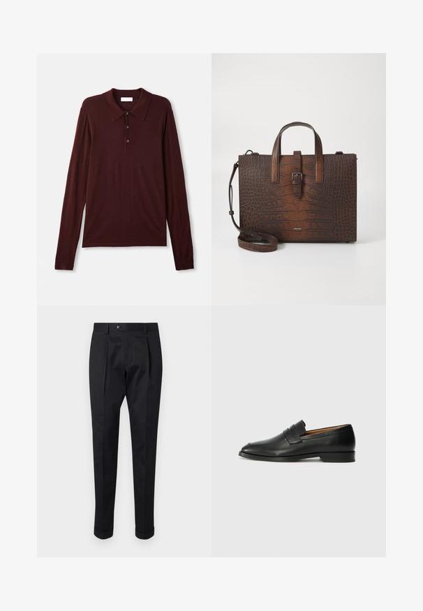 Hosszú ujjú, sötét burgundi pólóing puha anyagból. Klasszikus gallérral, három gombos gombolással és passzos mandzsettákkal rendelkezik.; Fekete nadrág sima anyagból, elöl hajtással, gombos záródással és felgöngyölt szárakkal a bokánál.; Fekete bőr mokaszin, kerek orral, diszkrét varrásokkal és alacsony sarokkal, sima felülettel és minimalista dizájnnal.; Barna krokodilbőr hatású bőr kézitáska tetejére erősített füllel és levehető vállpánttal. Csattal záródik, és téglalap alakú.