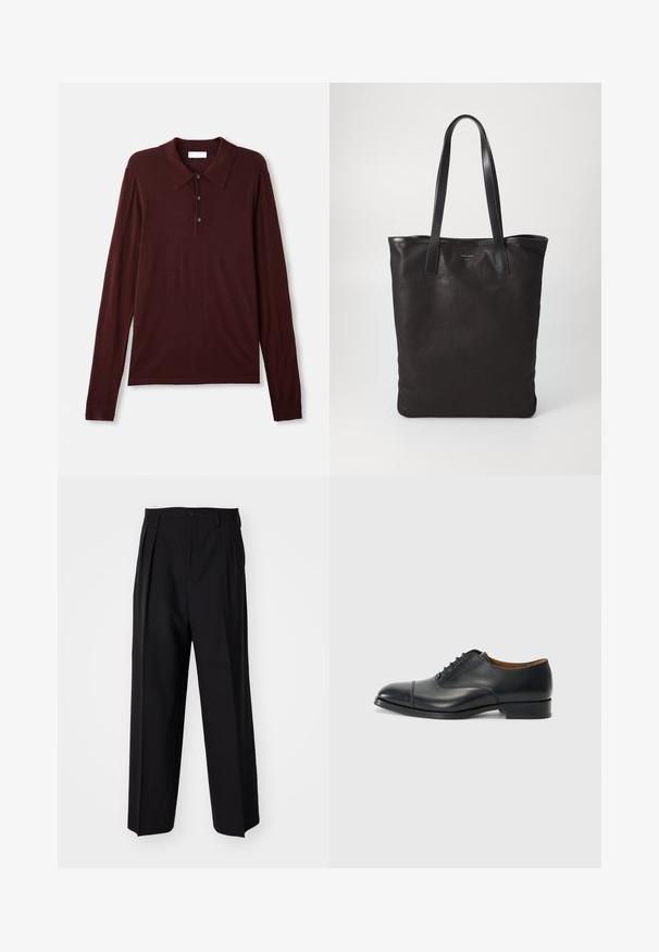 Pitkähihaiset, syvän viininpunaiset polo paidat pehmeästä kankaasta. Ominaisuuksiin kuuluu klassinen kaulus, kolme nappia ja istuvat hihansuut.; Mustat laskostetut housut, joissa on suora, leveä lahje. Valmistettu sileästä kankaasta, jossa on nappisuljenta ja vyölenkit.; Mustat nahkakengät, joissa on sileä pinta, pyöreä kärki, viisi rei'itystä nauhoja varten ja matala lohko korko. Minimalistinen muotoilu hienovaraisella ompelulla.; Mustat kangaskassit mustilla nahkahandleilla. Yksinkertainen muotoilu, tilava runko ja sileä pinta. Ei näkyviä logoja tai kuvioita.