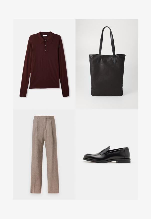 Long-sleeve, deep burgundy polo shirt in soft fabric. Features a classic collar, three button placket, and fitted cuffs.; Brown, high-waisted trousers made of textured fabric. Features wide legs and two front pleats for structure. Neat finish with no visible hardware.; Black leather loafers with a smooth texture, rounded toe, and a decorative strap across the vamp. Low stacked heel, minimalist design.; Black canvas tote bag with black leather handles. Simple design, spacious body, and a smooth texture. No visible logos or patterns.