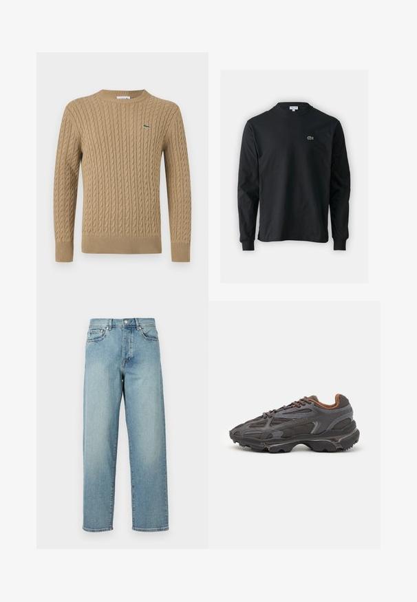 Suéter em malha de cabos bege com gola redonda, punhos e bainha canelados, apresentando um pequeno logotipo verde do lado esquerdo do peito. Textura suave.; Camisola preta de manga longa feita de algodão, com decote redondo e um pequeno logótipo de crocodilo bordado em verde no lado esquerdo do peito.; Jeans de denim azul claro com um corte solto, pernas retas, design de cinco bolsos e fecho de botão na cintura. Detalhe de costura minimalista.; Ténis Lacoste em cinza-escuro com material em malha e sintético, apresentando uma sola texturizada e detalhes castanhos na gola e na marca.