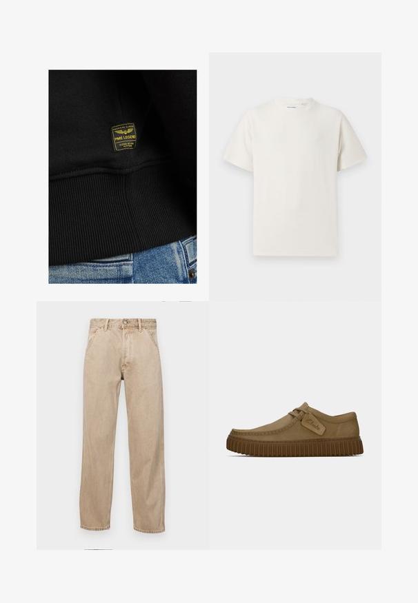 Černá mikina se žebrovaným spodním lemem a strukturovanou tkaninou. Žlutá značka PME Legend s křídly a textem "Testováno ve velkých výškách".; Bílý krátký rukáv tričko s pružnou strukturou. Kulatý výstřih, volný střih, bez viditelných vzorů nebo detailů. Jednoduchý a univerzální design.; Béžové džíny z denimu se středně širokým střihem, vybavené předními kapsami, kovovým zapínáním na knoflík a jemnou texturou.; Světle hnědé suede boty s kulatou špičkou, prošívanými detaily a ribbovanou hnědou gumovou podrážkou. Disponují bočním štítkem s logem "Clarks".
